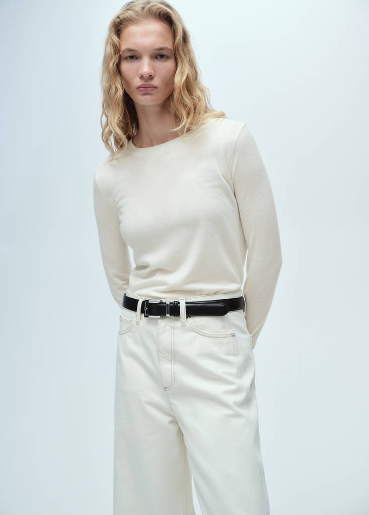 Wool-blend round-neck sweater — Ecru