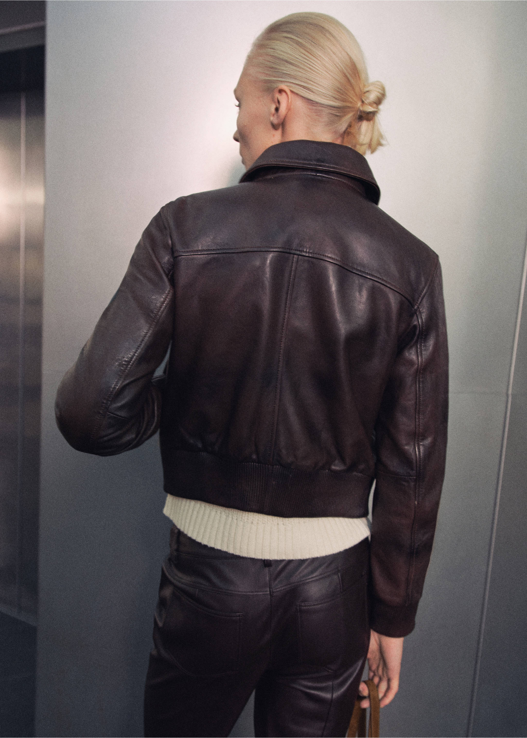 Leather bomber jacket - Reverse of the article, Brown. Ref: 87080440-00.