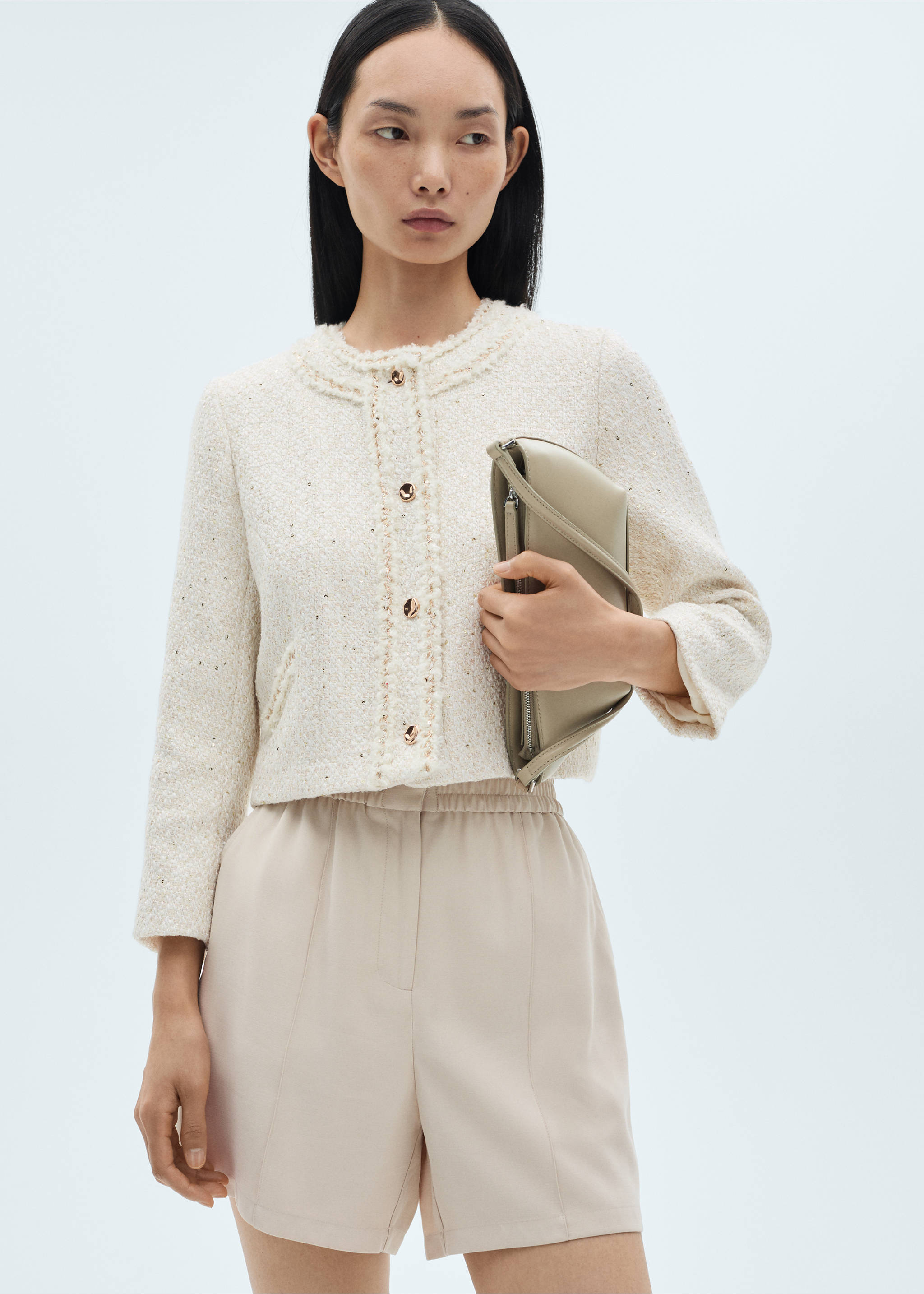 Elastic waist shorts - Details of the article 1, Beige. Ref: 87080582-00.