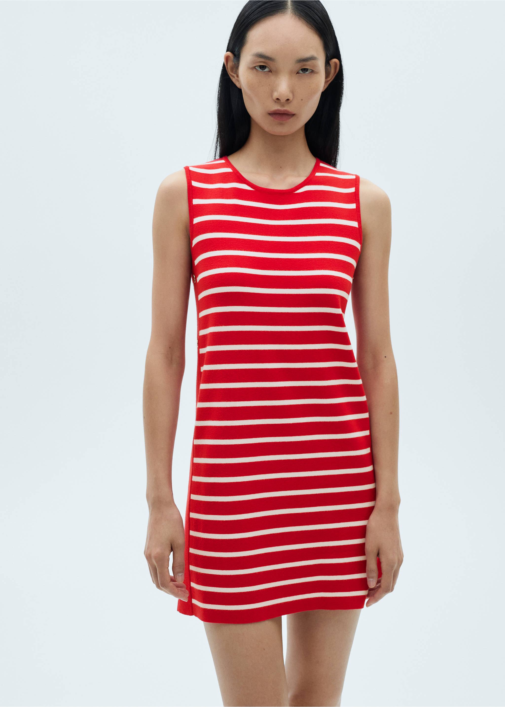 Striped dress with metallic buttons - Medium plane, Red. Ref: 87080586-00.
