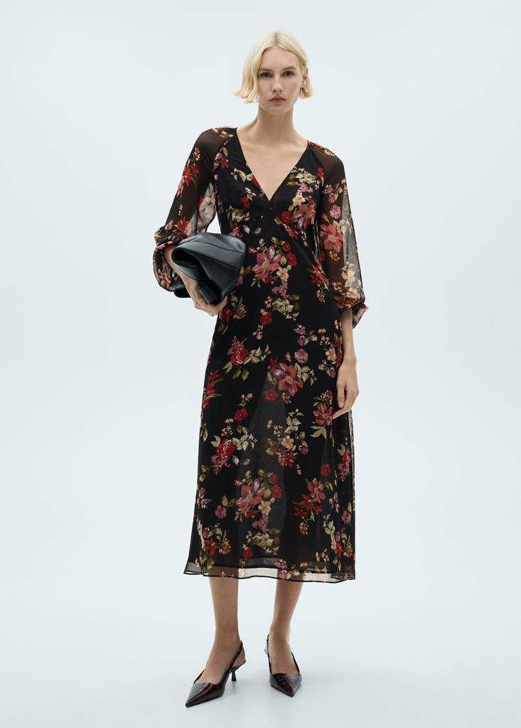 MANGO - Robe florale manches bouffantes noir - XXS