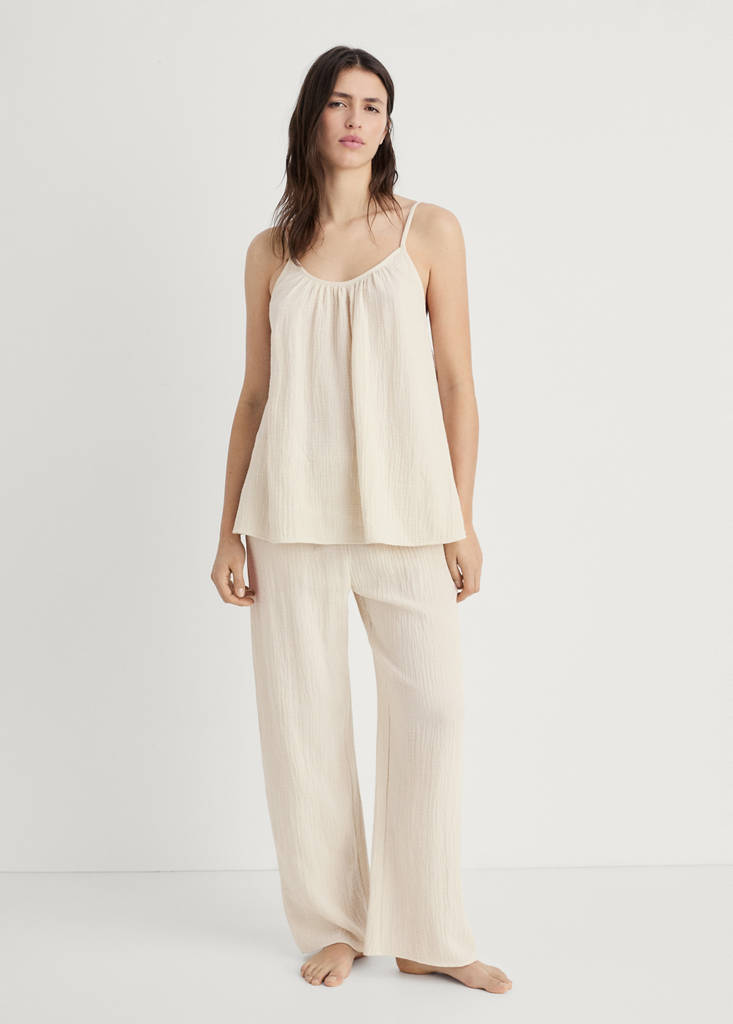 Plain cotton spaghetti-strap pyjama top — Beige