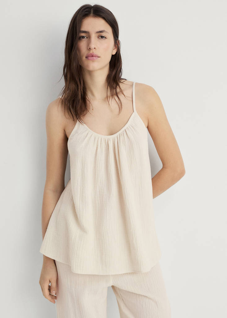 Plain cotton spaghetti-strap pyjama top — Beige