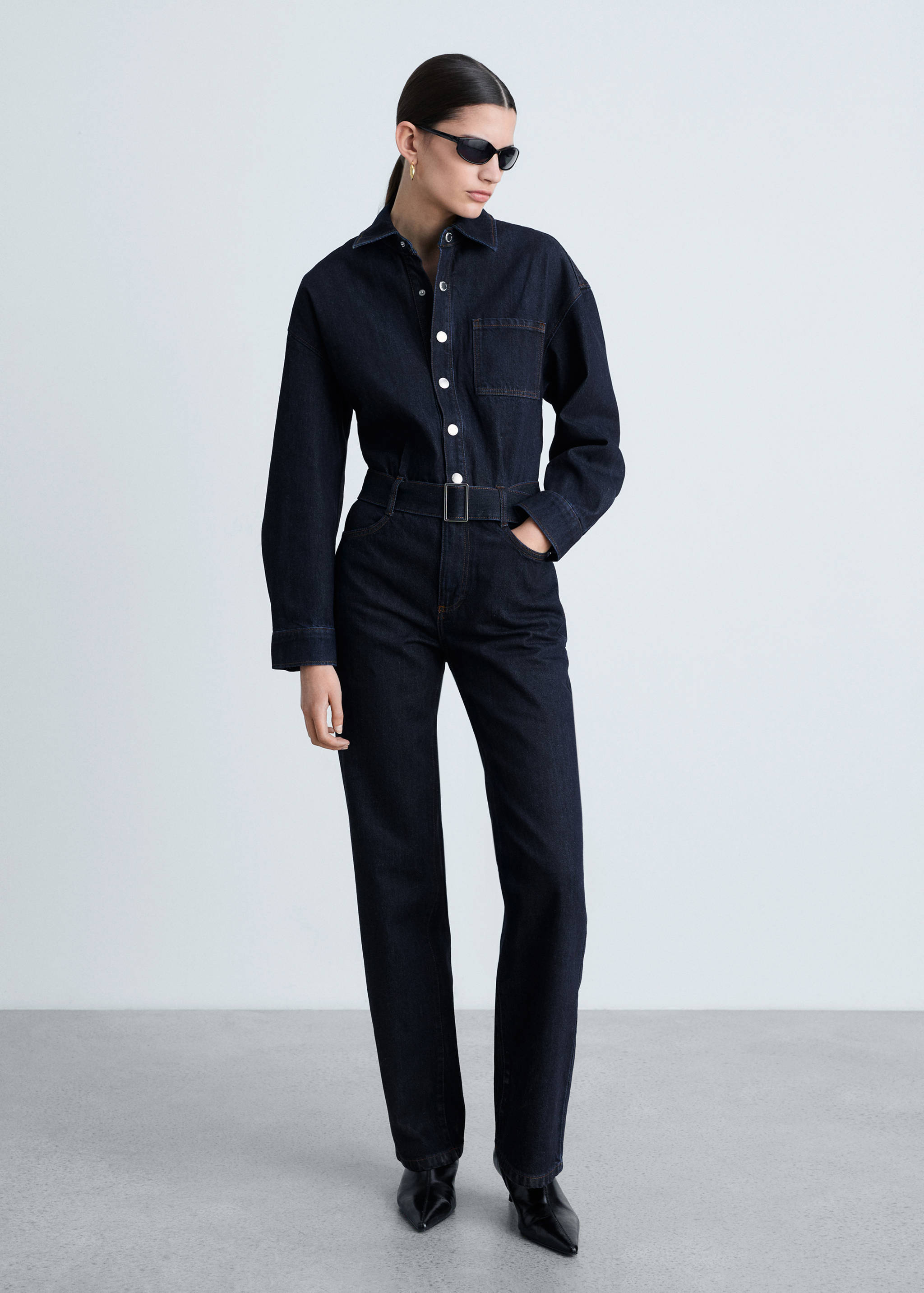 Rinse-wash denim jumpsuit with belt - General plane