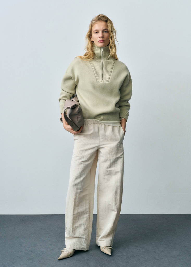 MANGO - Pull-over mélange de laine zippé vert pomme - XS