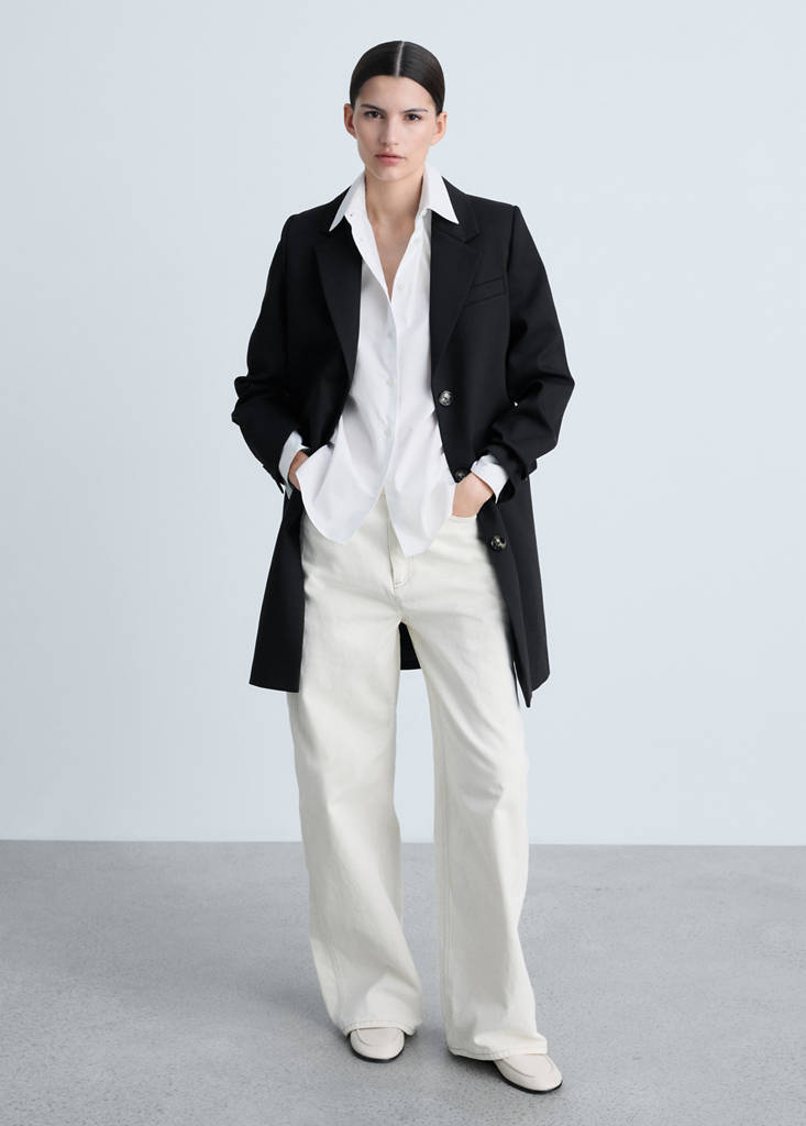 MANGO - Manteau midi en coton boutons noir - S