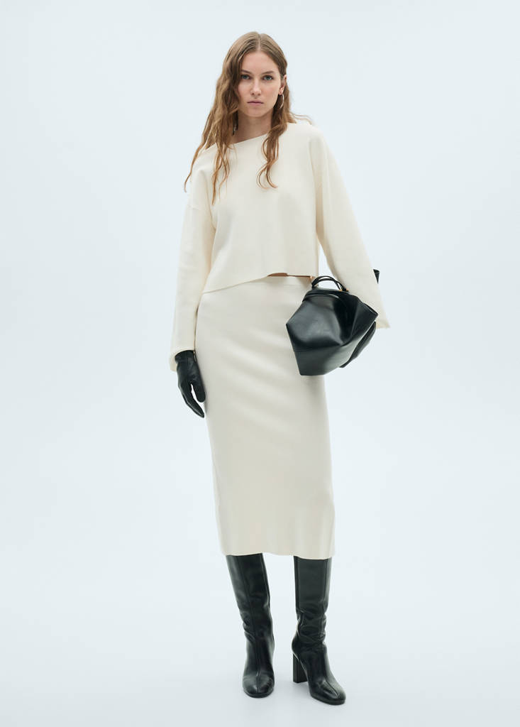 MANGO - Jupe midi maille fine écru - S