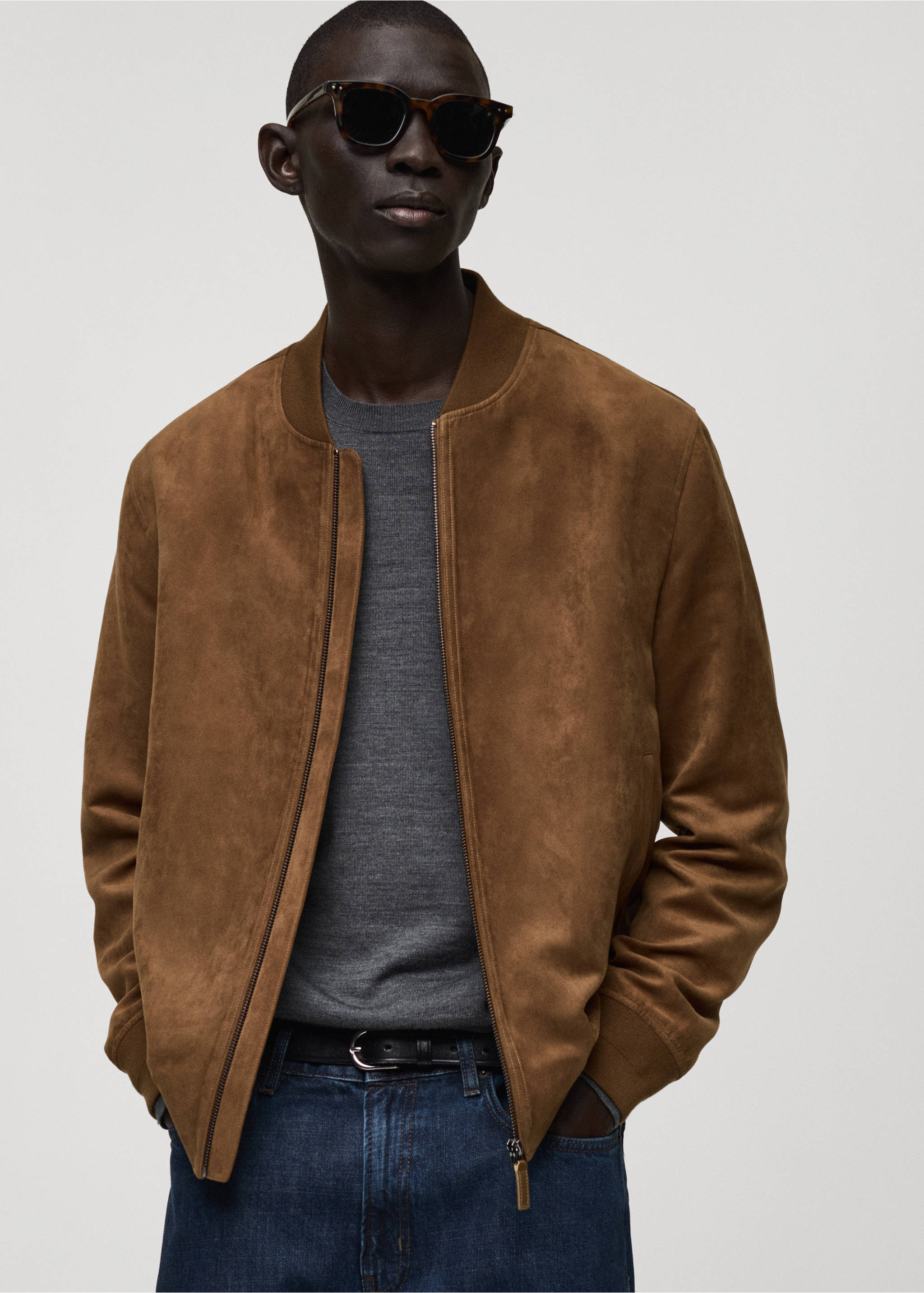 Suede-effect bomber jacket - Medium plane, Cognac. Ref: 87084386-00.