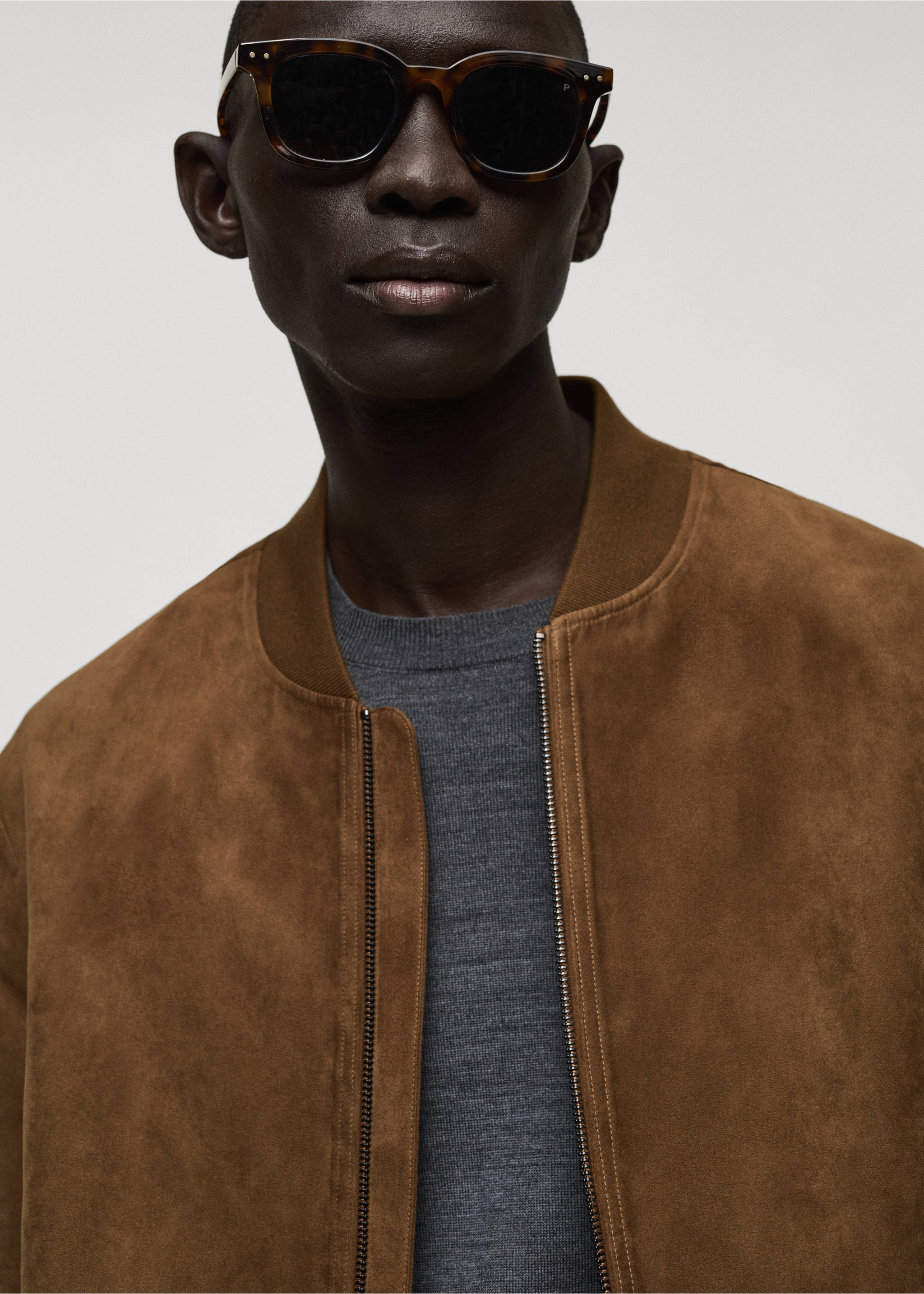 Suede-effect bomber jacket - Details of the article 1, Cognac. Ref: 87084386-00.
