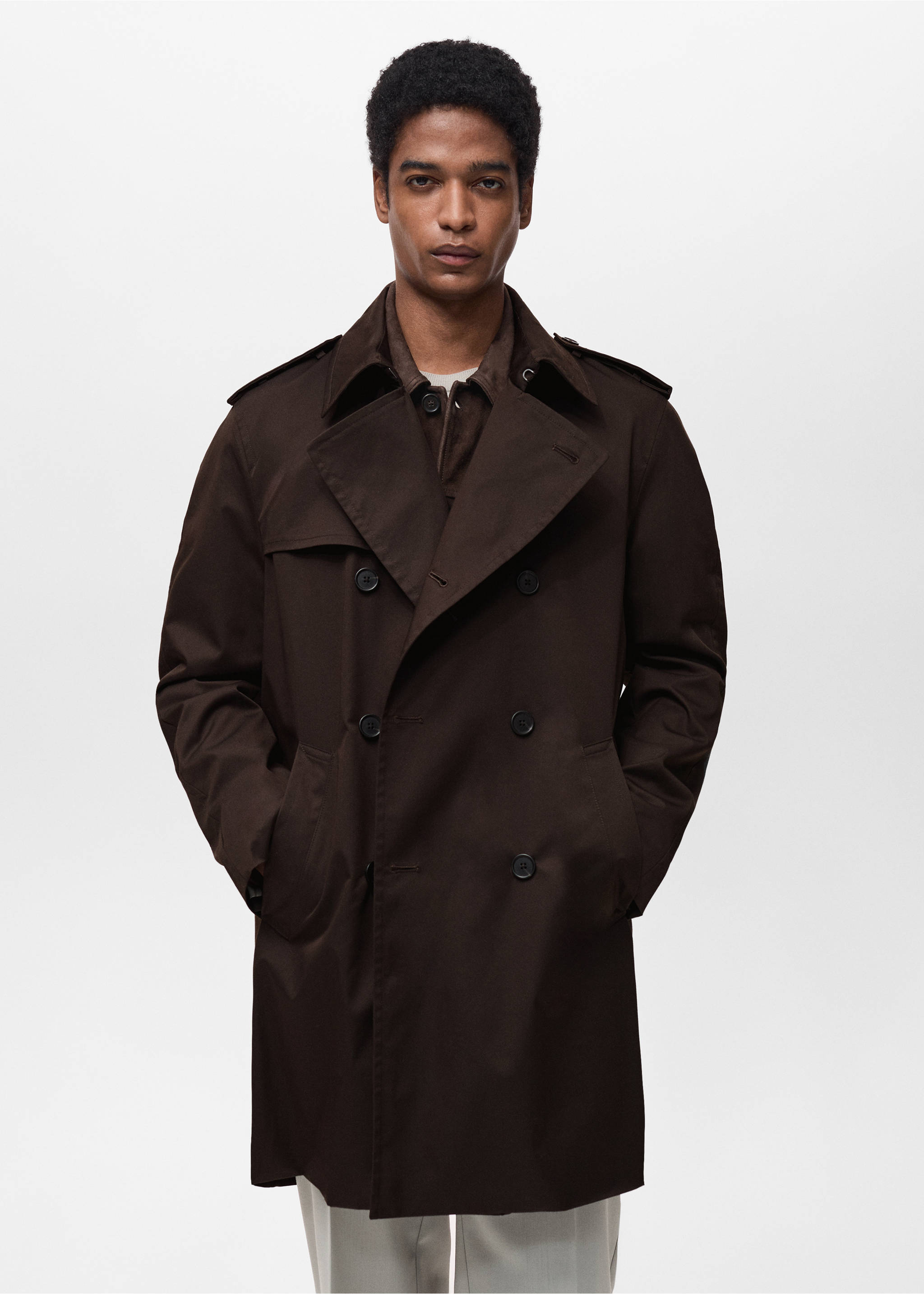 Water-repellent belted trench coat - Medium plane, Chocolate. Ref: 87084387-00.