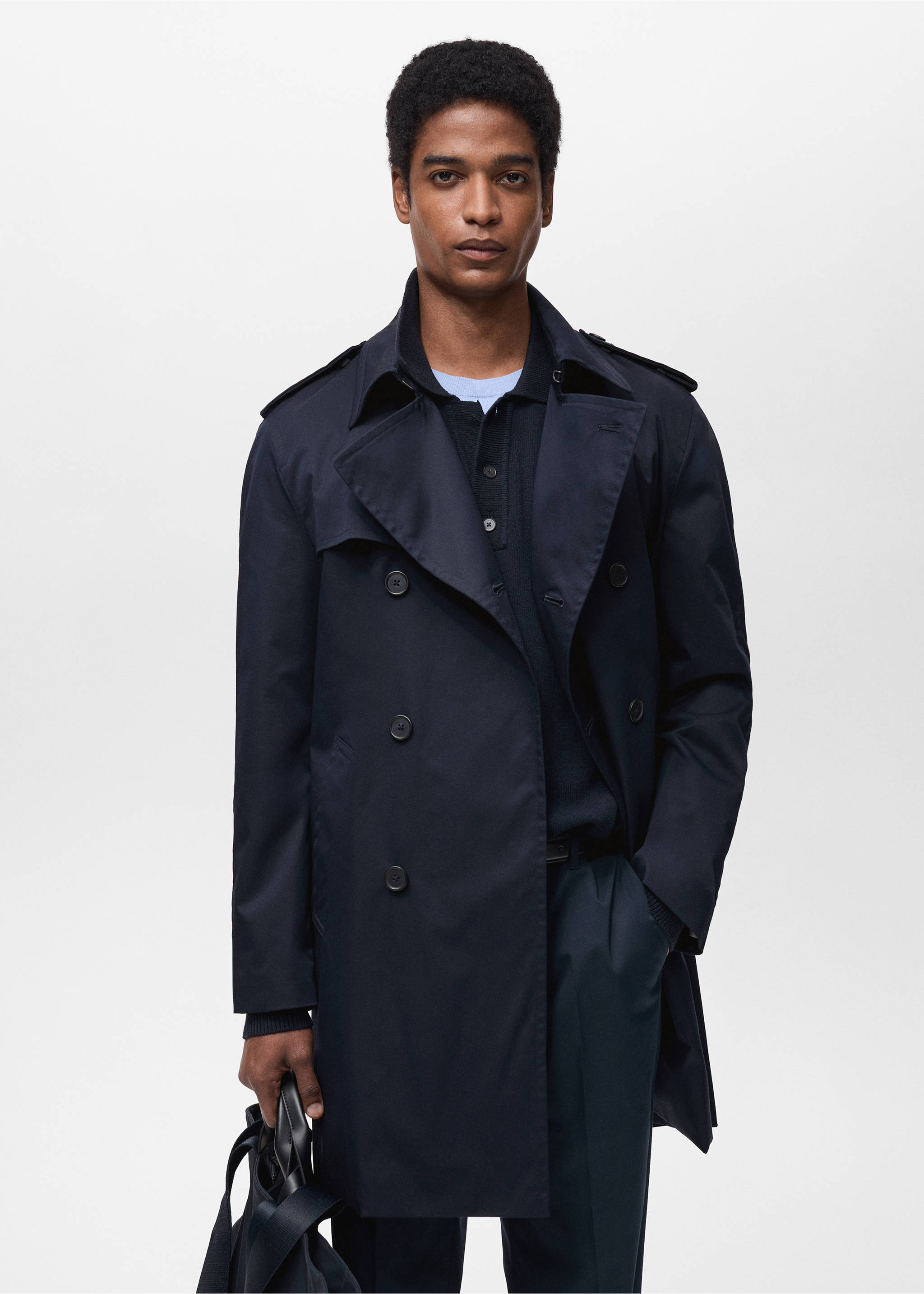 Water-repellent belted trench coat - Medium plane, Night Blue. Ref: 87084387-00.