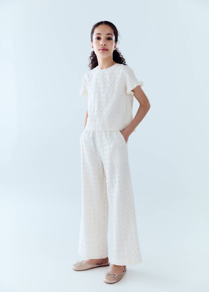 Swiss embroidered culotte trousers — Ecru