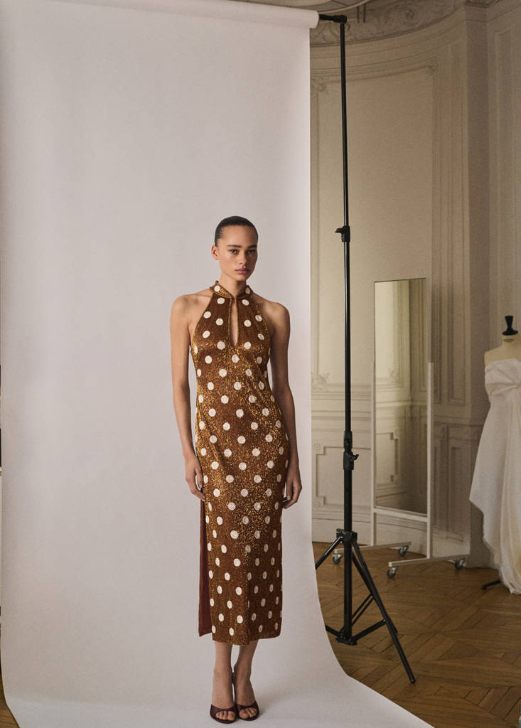 Rhinestone polka-dot halter dress — Brown