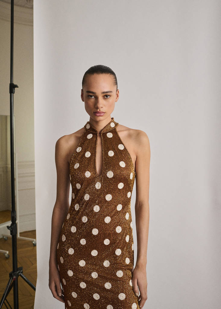 Rhinestone polka-dot halter dress — Brown