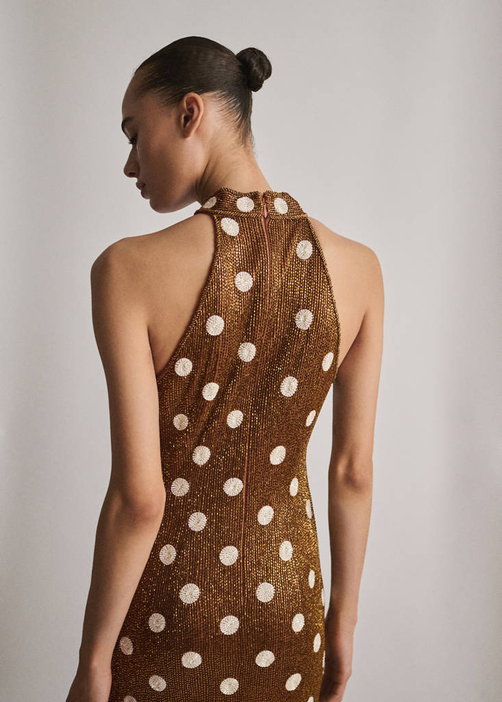 Rhinestone polka-dot halter dress — Brown