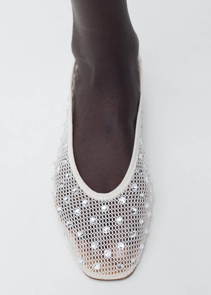 Mesh rhinestone ballet flats — White