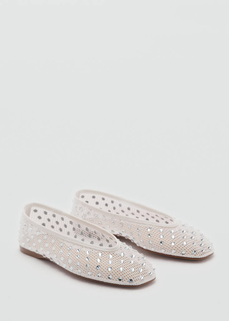 Mesh rhinestone ballet flats — White