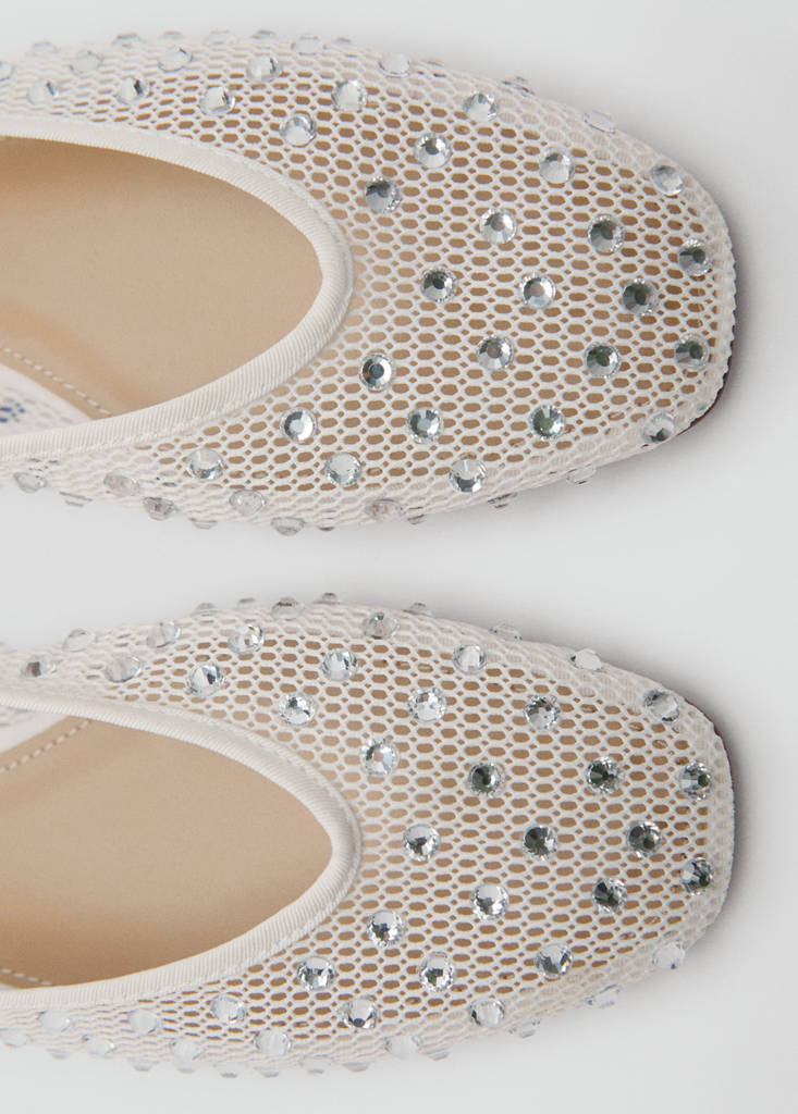 Mesh rhinestone ballet flats — White