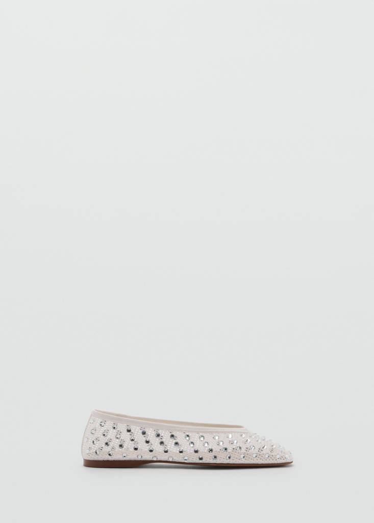 Mesh rhinestone ballet flats — White