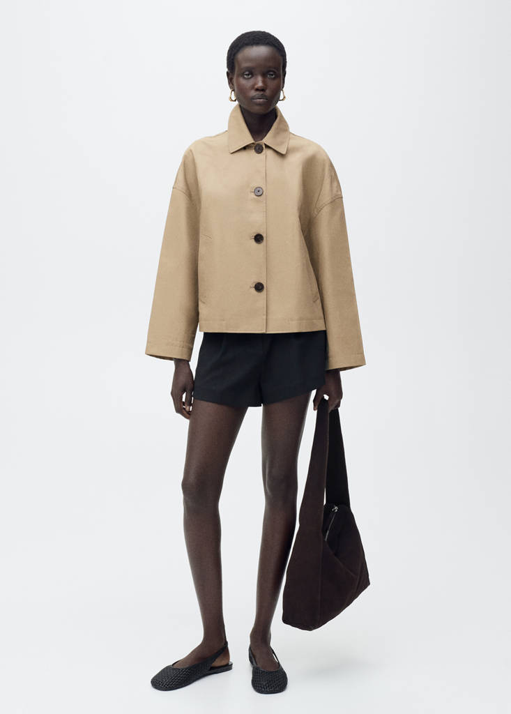 MANGO - Veste droite en coton à boutons kaki - XS