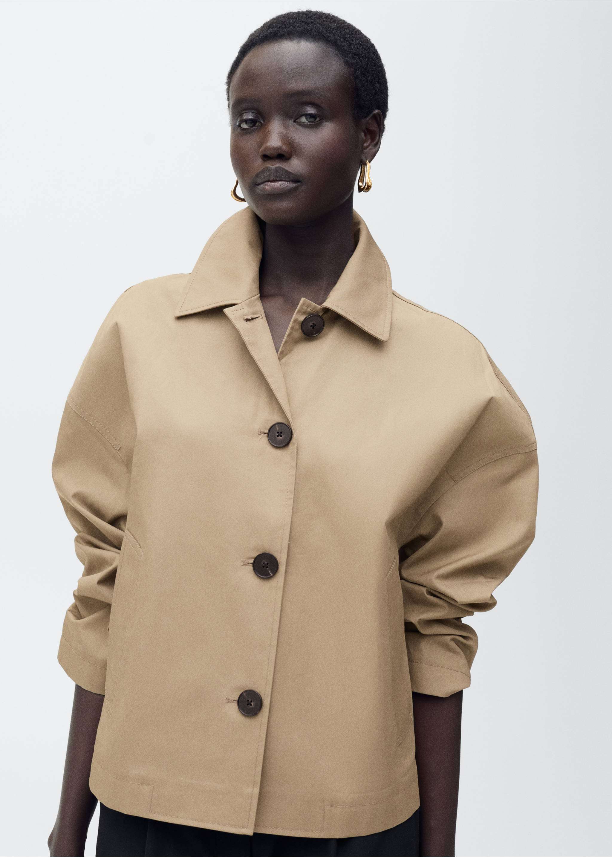 Straight cotton jacket with buttons - Medium plane, Khaki. Ref: 87085948-00.