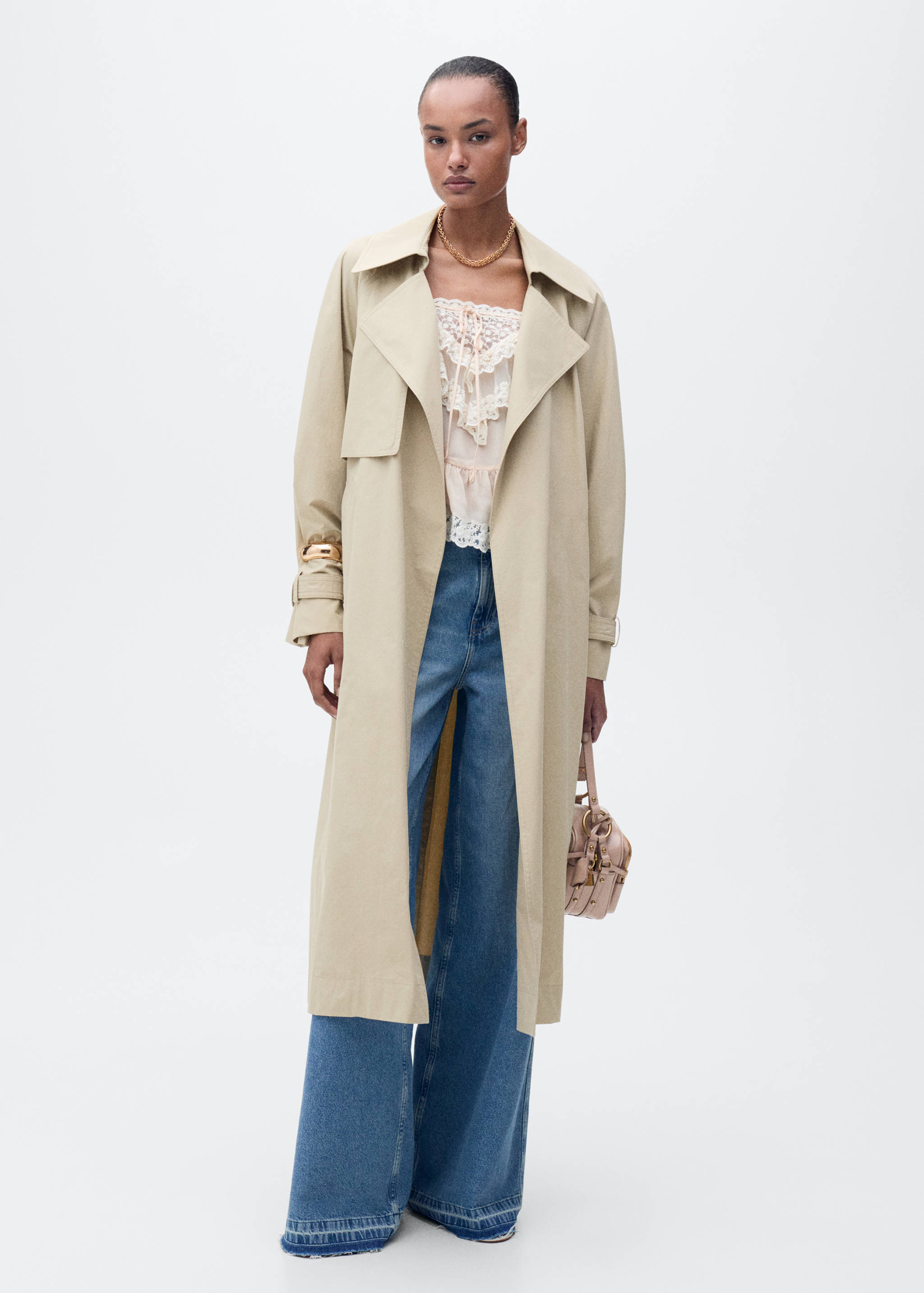 Cotton trench coat with belt - General plane