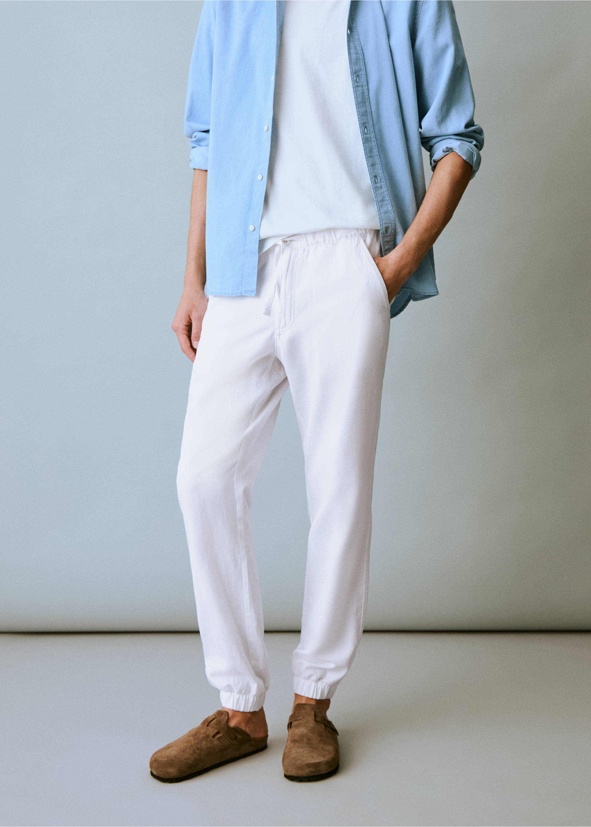 Keten pamuklu jogger pantolon - Orta plan, Kırık Beyaz. Ref: 87086353-00.