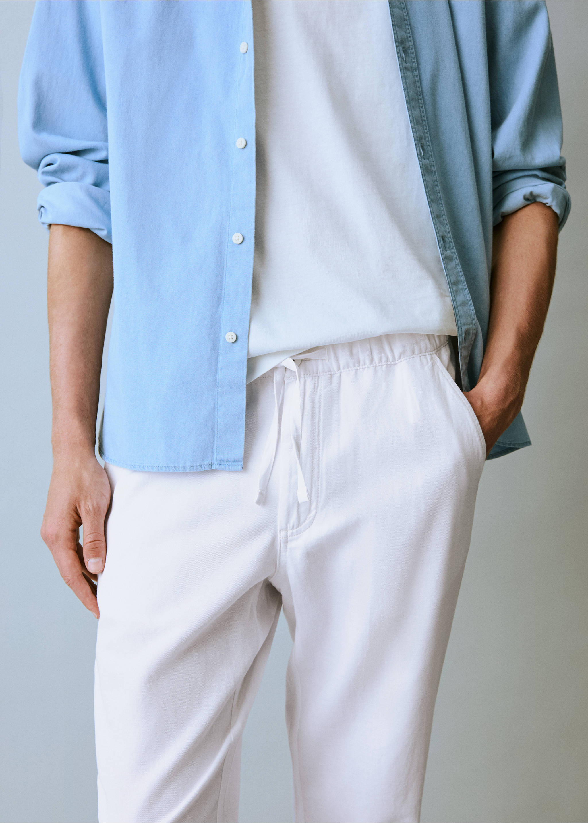 Keten pamuklu jogger pantolon - Ürün detayı 1, Kırık Beyaz. Ref: 87086353-00.