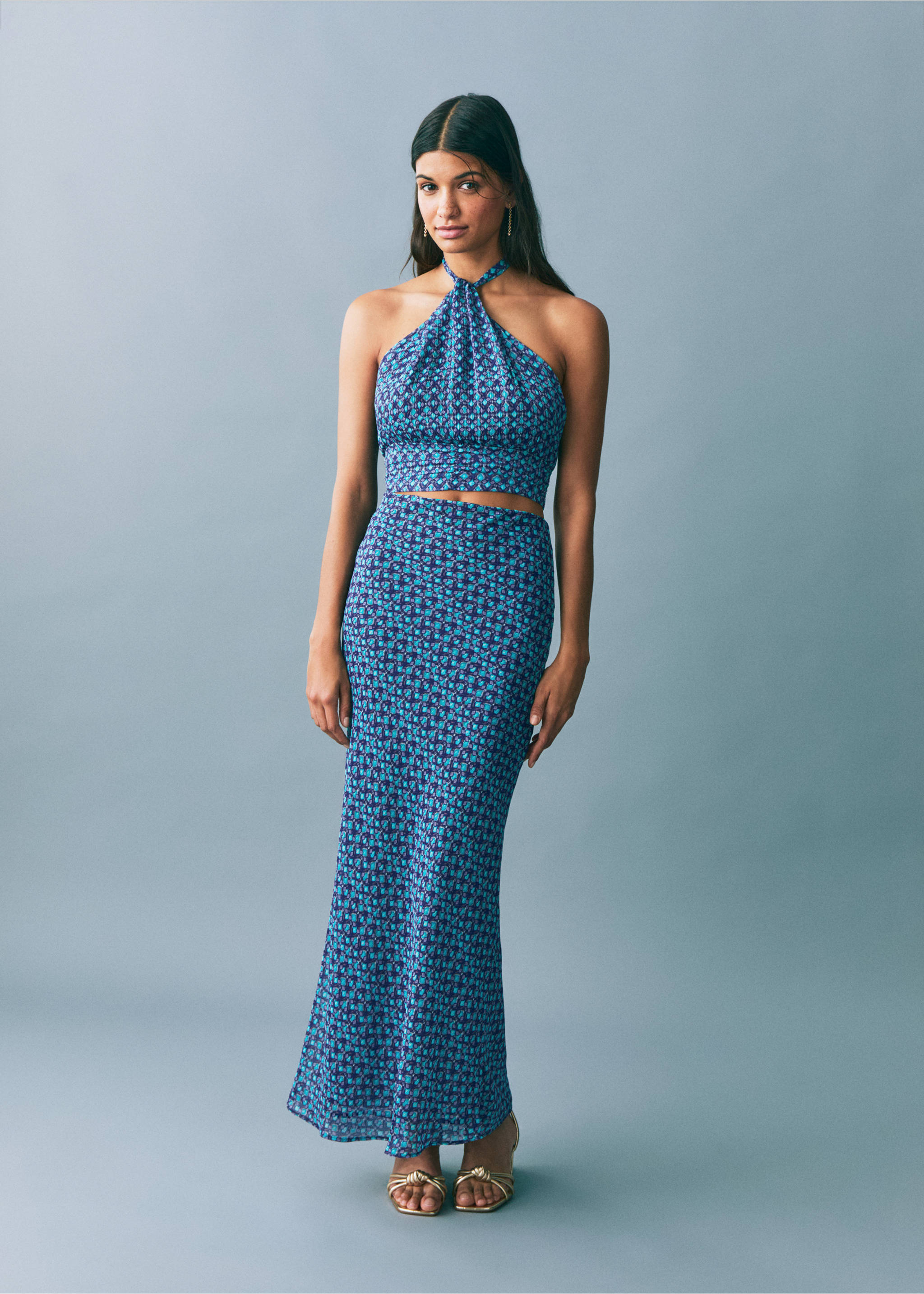 Printed midi skirt - General plane, Turquoise. Ref: 87086361-00.