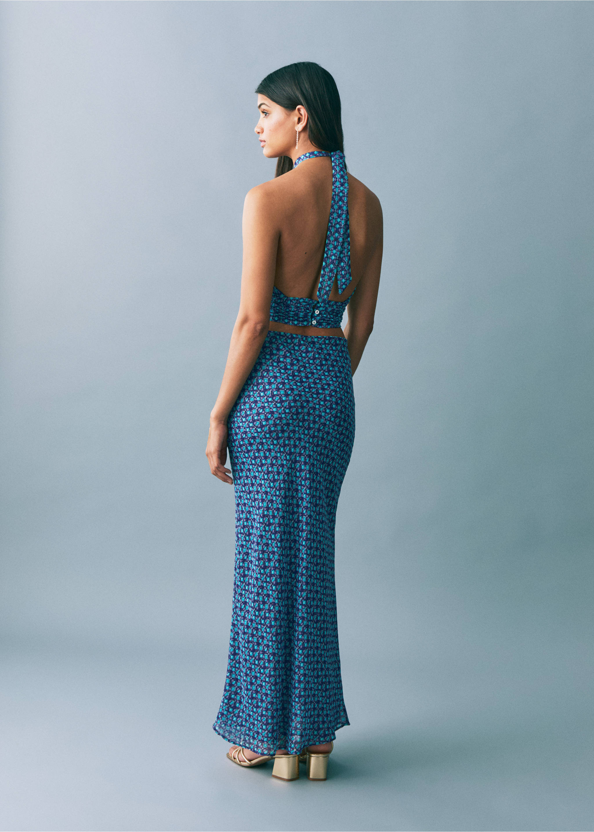 Printed midi skirt - Reverse of the article, Turquoise. Ref: 87086361-00.