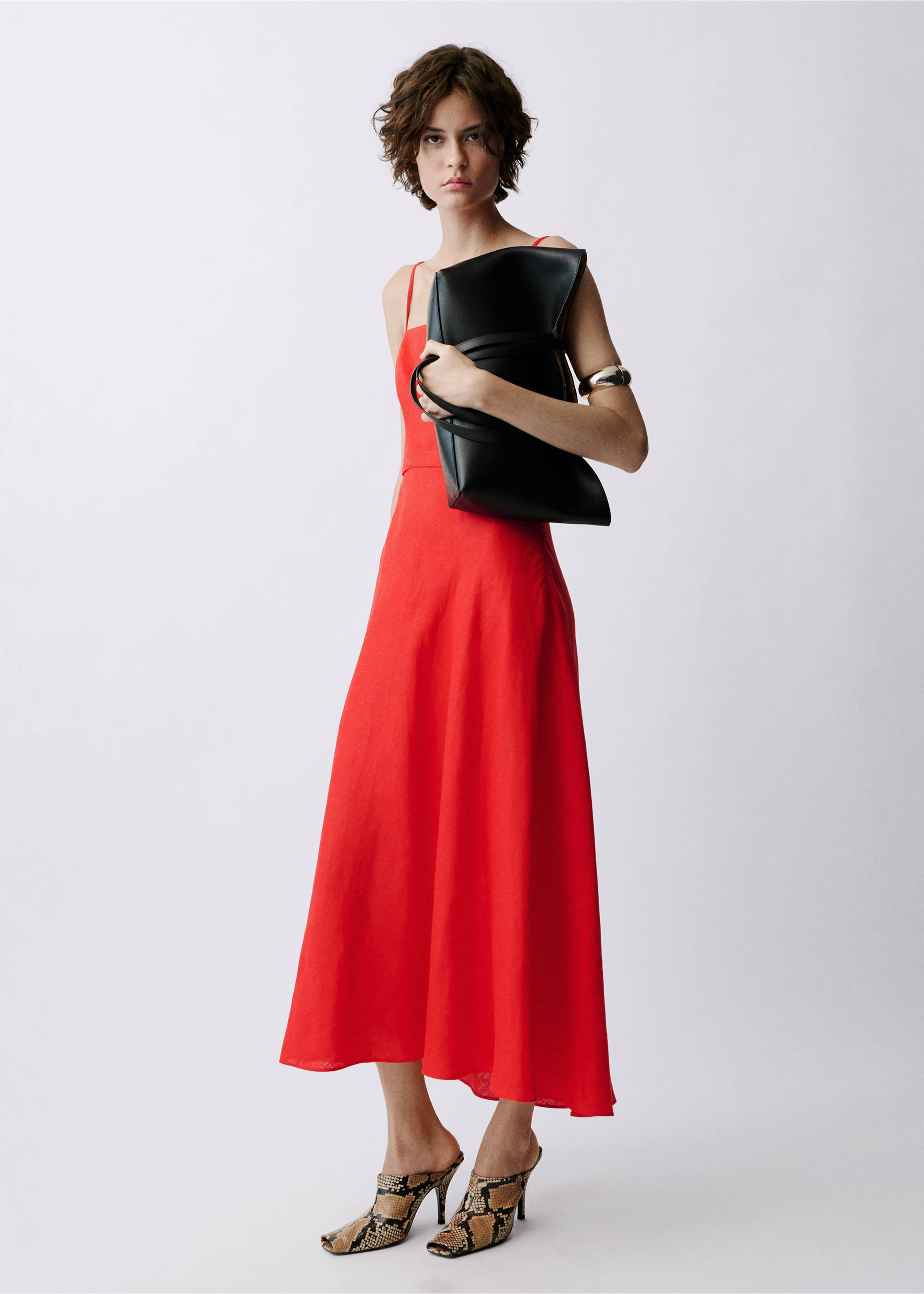 Bow linen-blend dress - General plane, Red. Ref: 87087169-00.