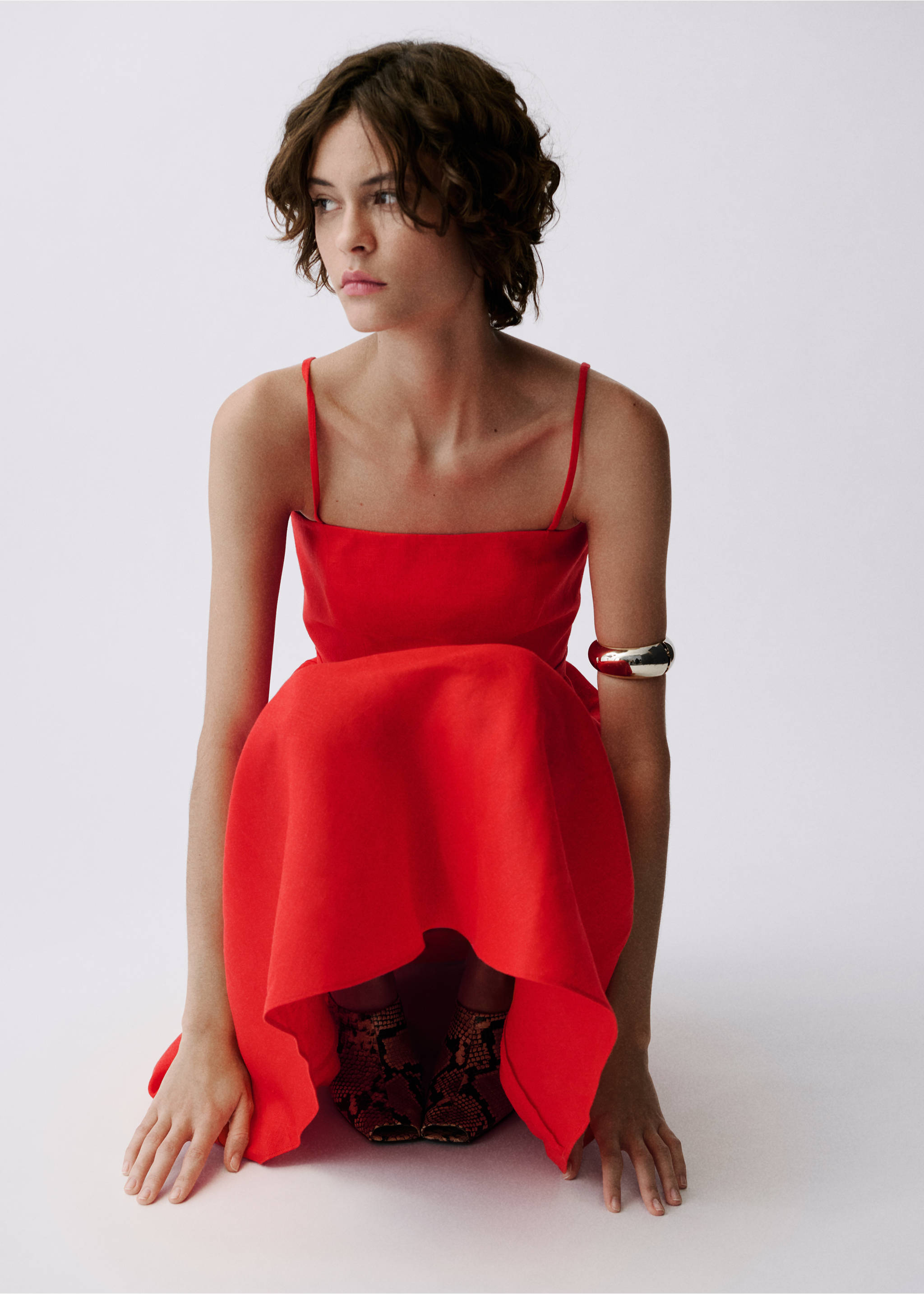 Bow linen-blend dress - Medium plane, Red. Ref: 87087169-00.