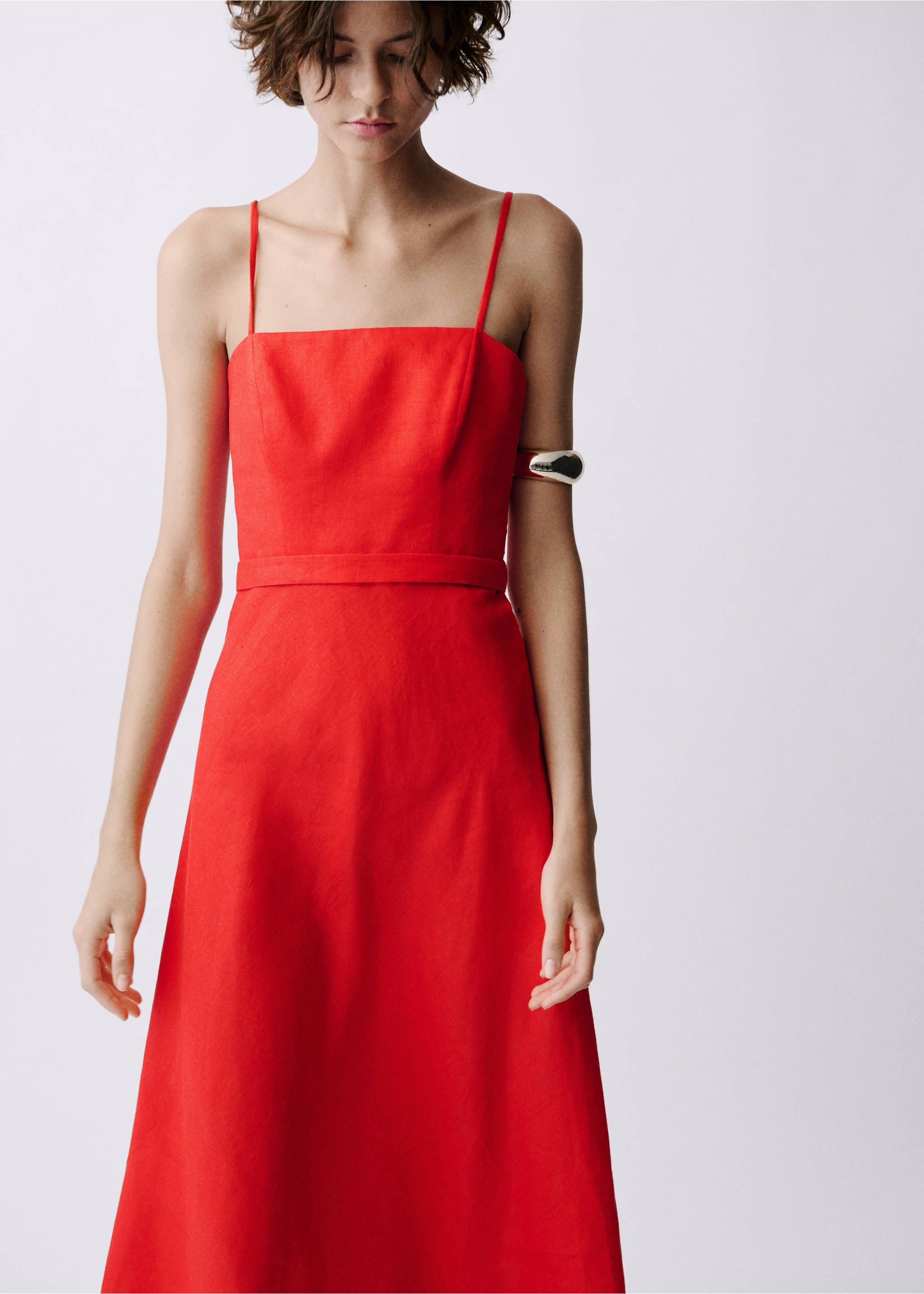 Bow linen-blend dress - Reverse of the article, Red. Ref: 87087169-00.