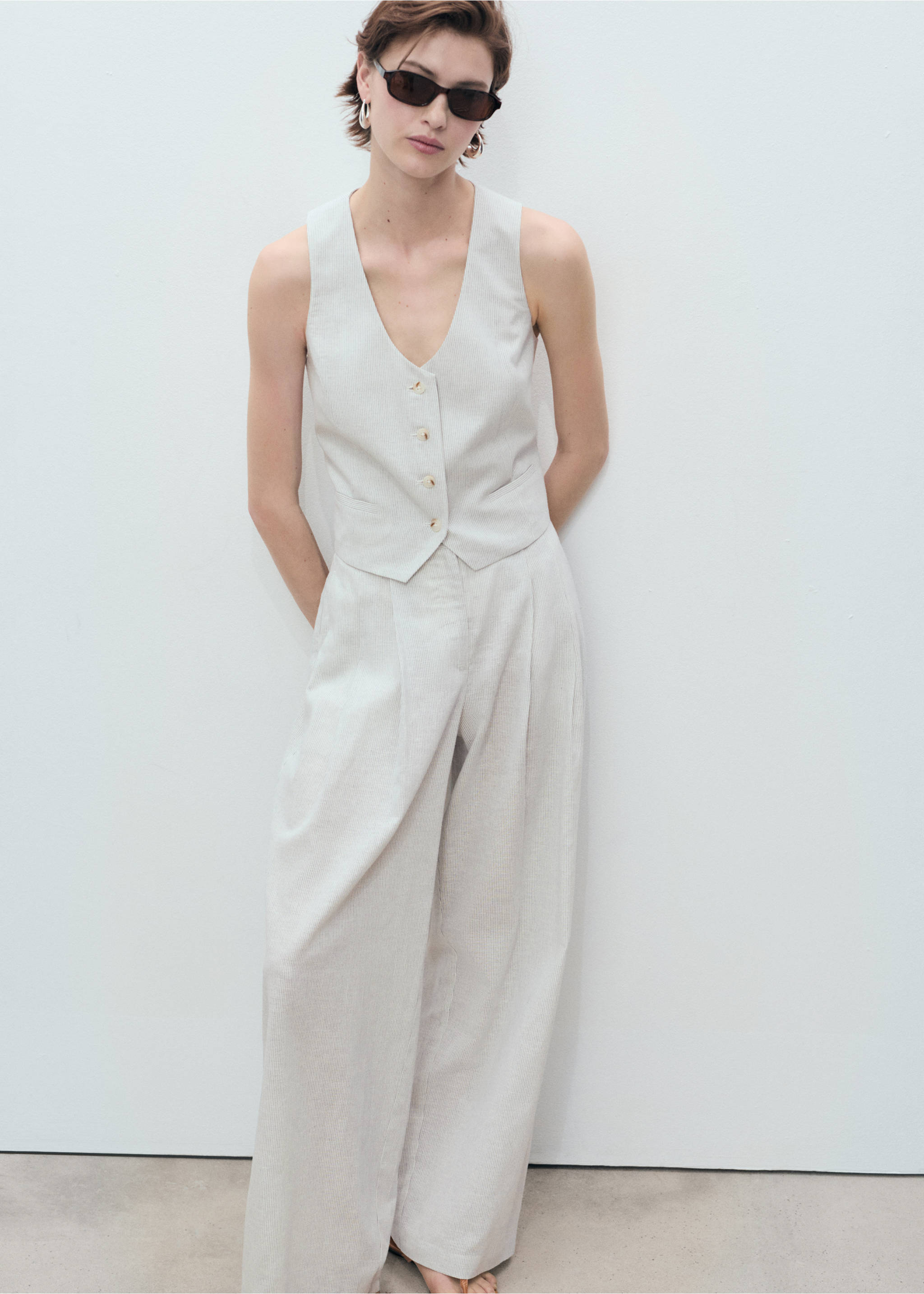 Linen-blend suit waistcoat - General plane, Ecru. Ref: 87087704-00.
