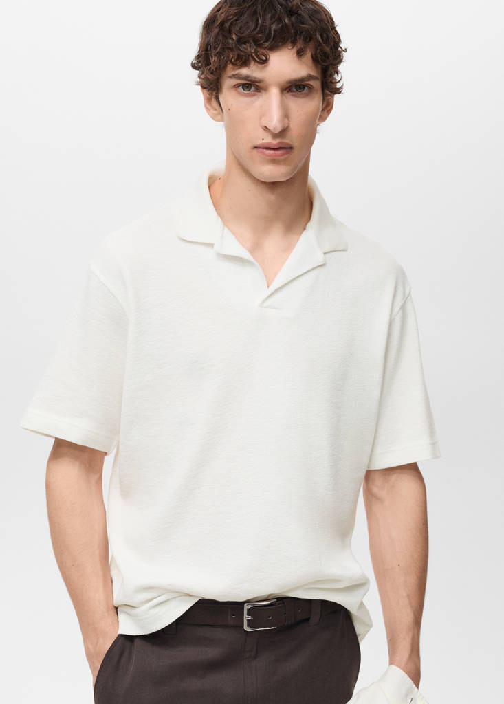 Textured cotton relaxed-fit polo shirt — Ecru