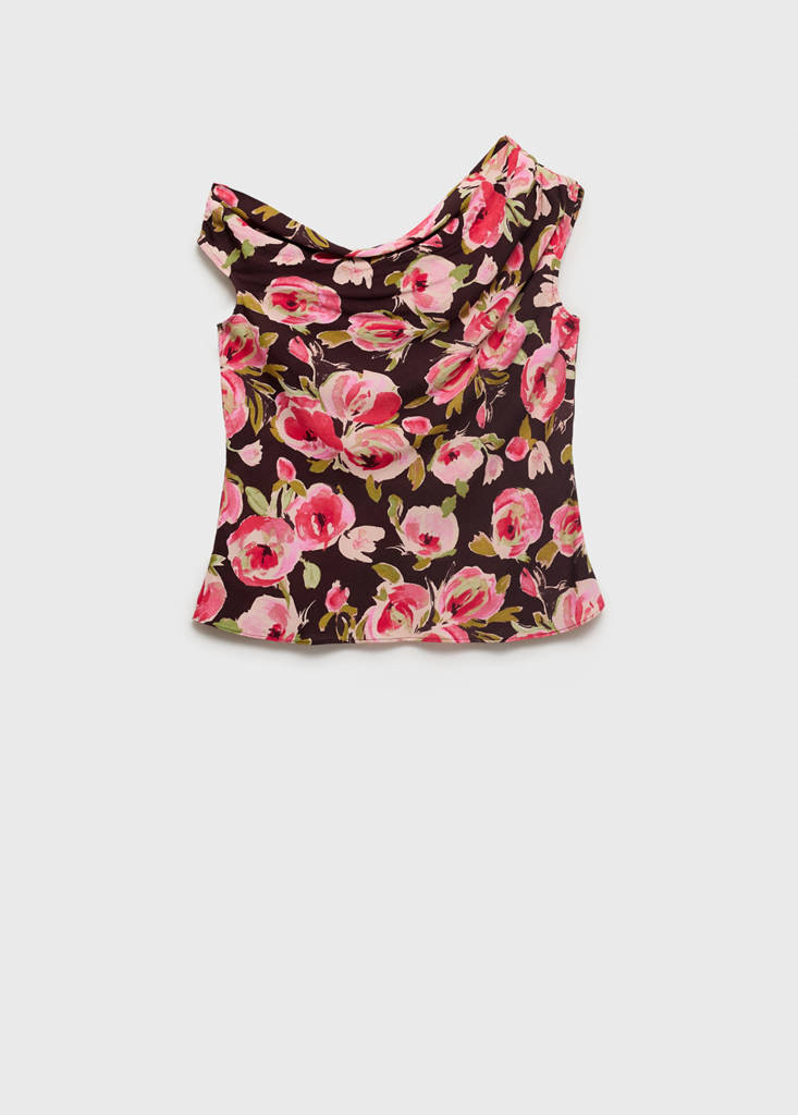 Floral blouse with asymmetrical neck — Brown