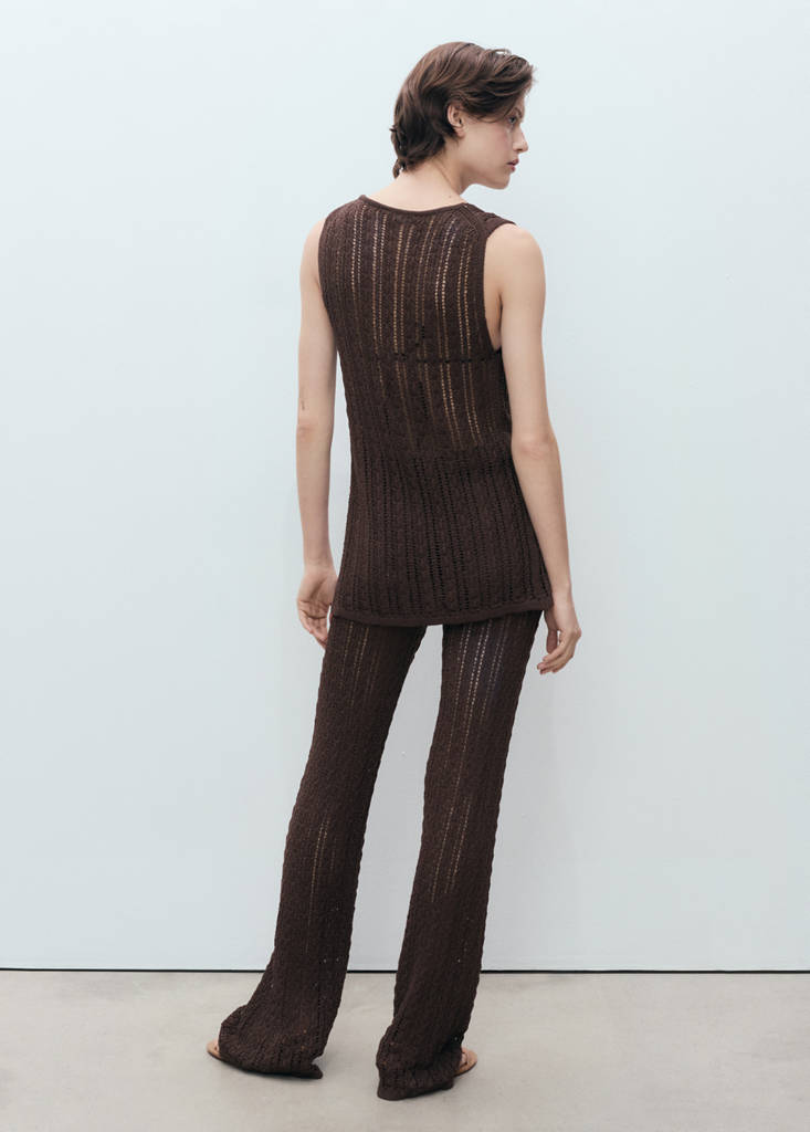 Openwork knitted waistcoat with bow closure — Chocolate
