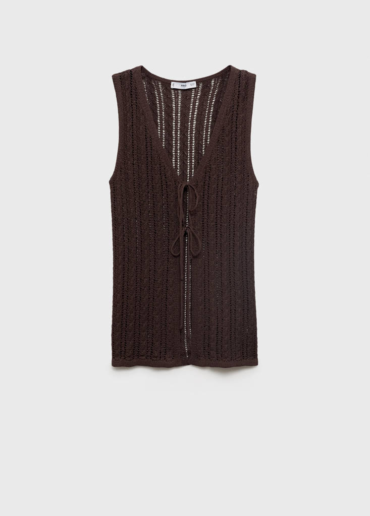 Openwork knitted waistcoat with bow closure — Chocolate