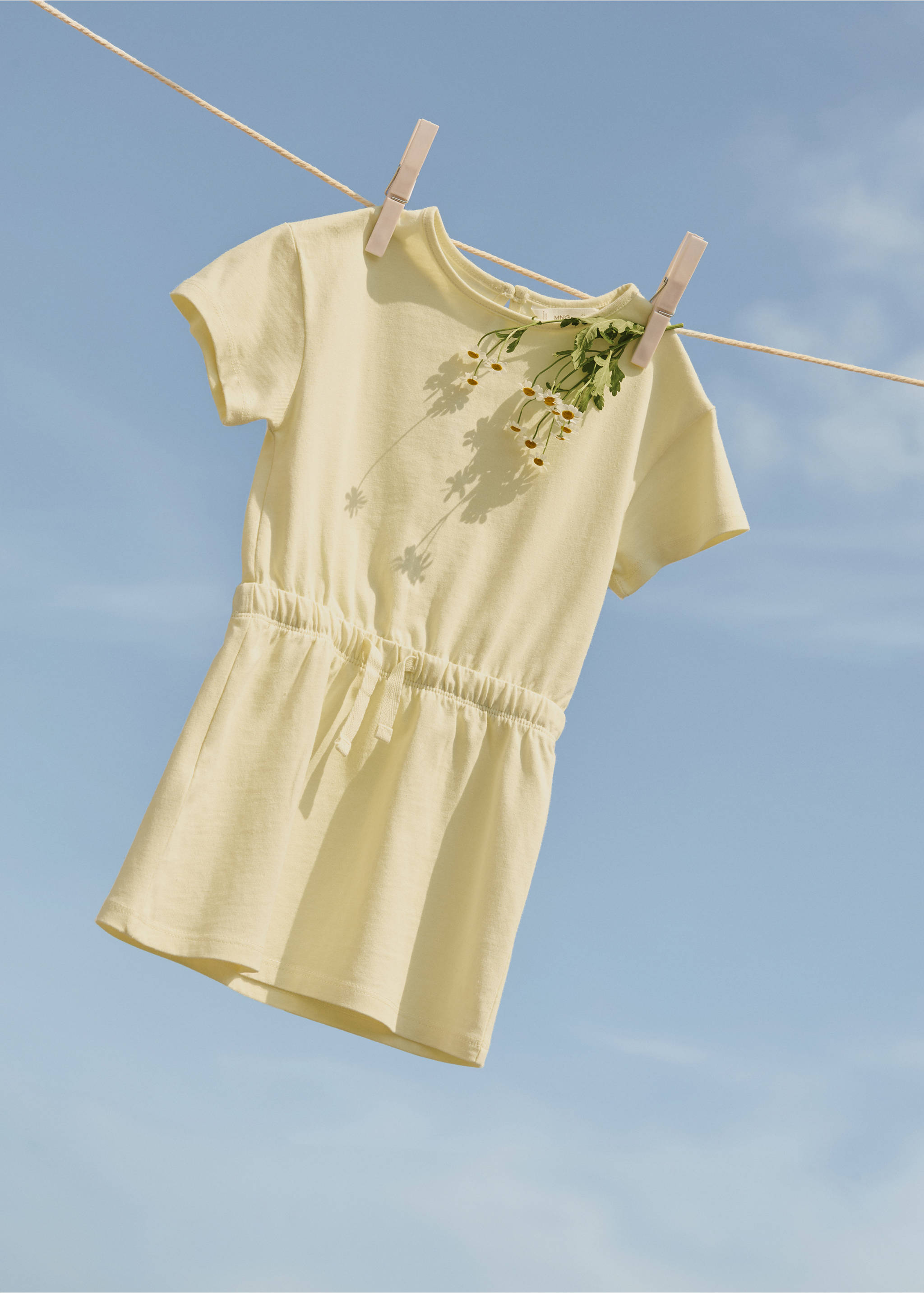 Adjustable drawstring cotton dress - Details of the article 5, Pastel Yellow. Ref: 87088646-00.