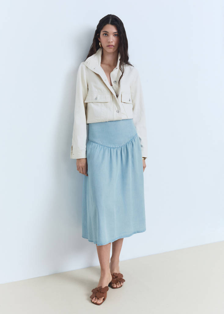 Soft denim midi-skirt with gathered detail — Medium Blue