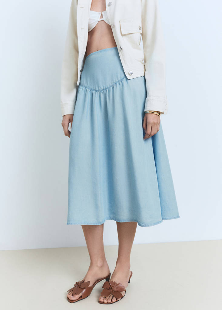Soft denim midi-skirt with gathered detail — Medium Blue