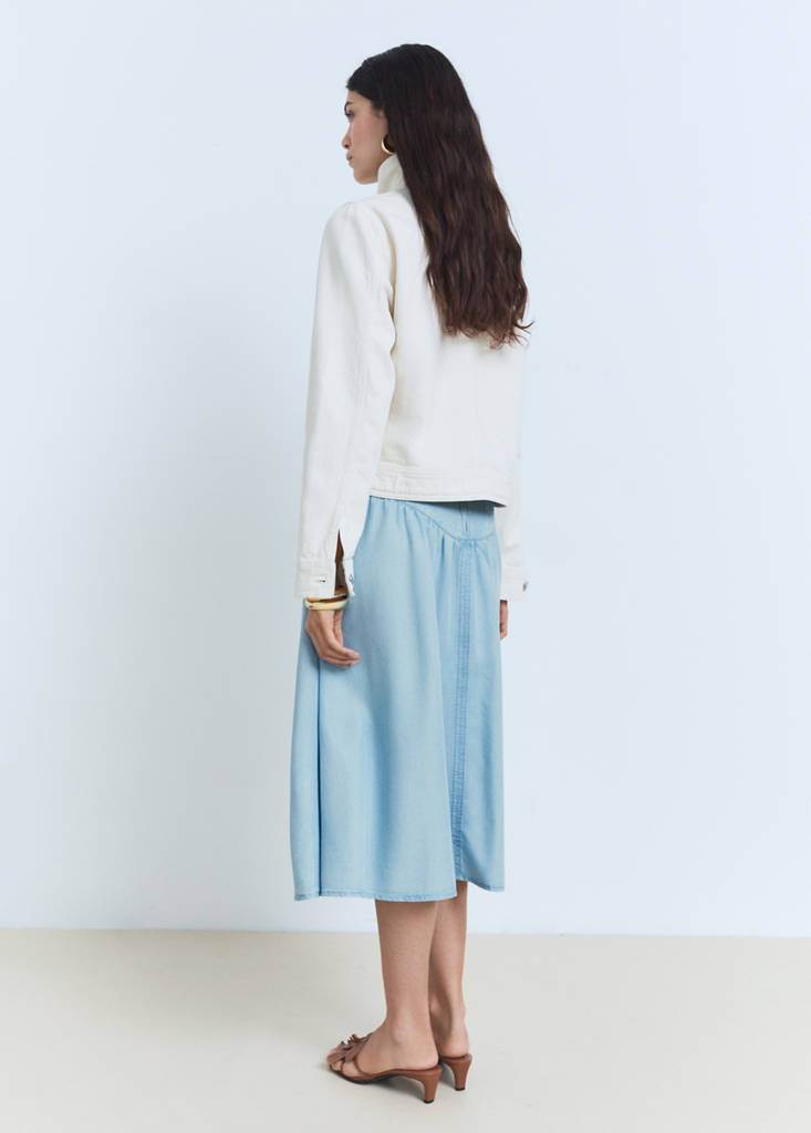 Soft denim midi-skirt with gathered detail — Medium Blue