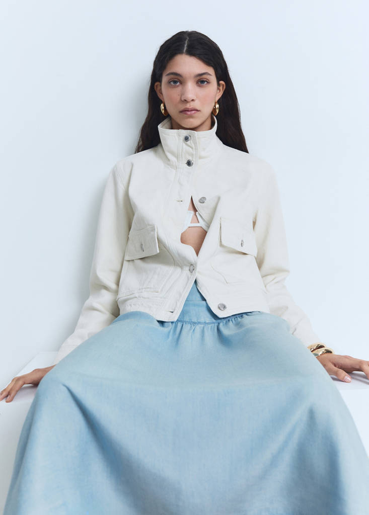 Soft denim midi-skirt with gathered detail — Medium Blue