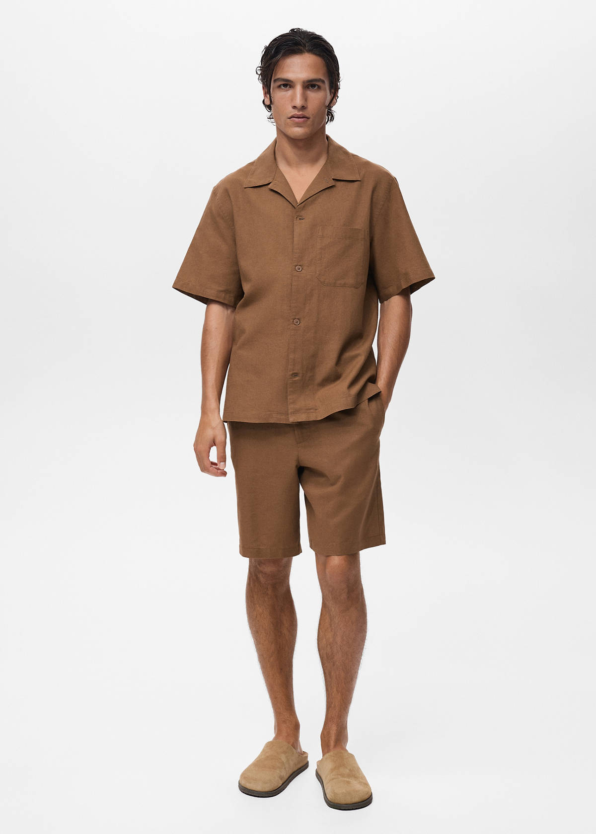 Cotton-linen blend bermuda shorts — Tobacco Brown