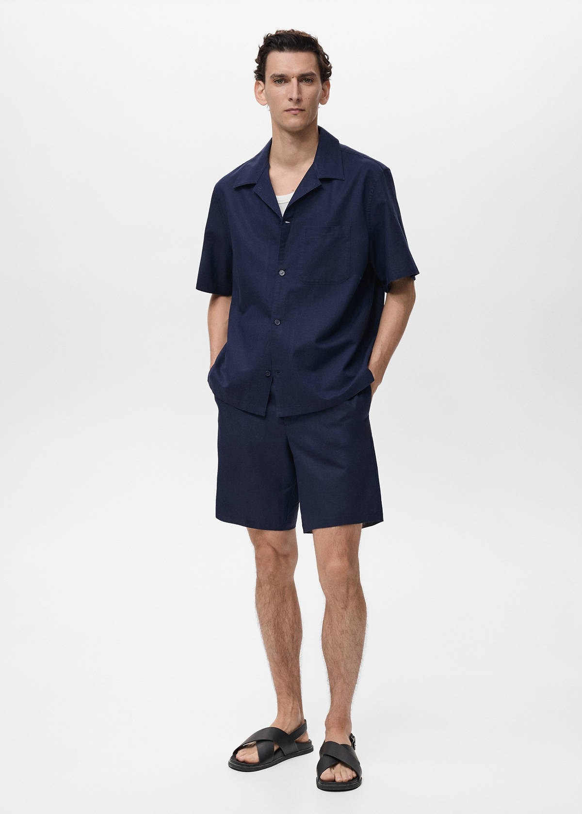 Cotton-linen blend bermuda shorts — Petrol Blue