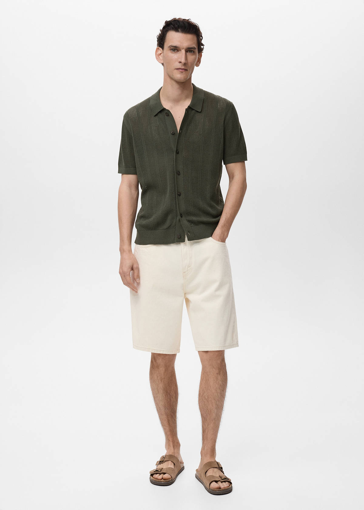 Striped openwork knitted shirt — Khaki