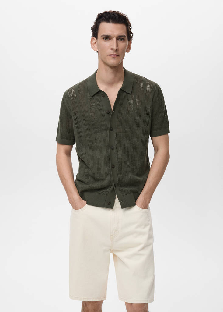 Striped openwork knitted shirt — Khaki