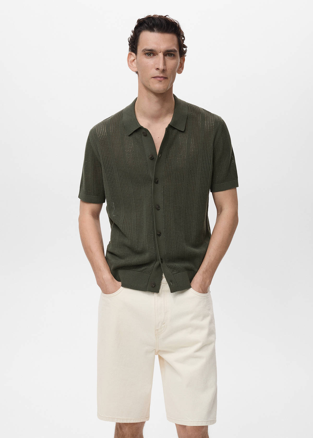 Striped openwork knitted shirt — Khaki