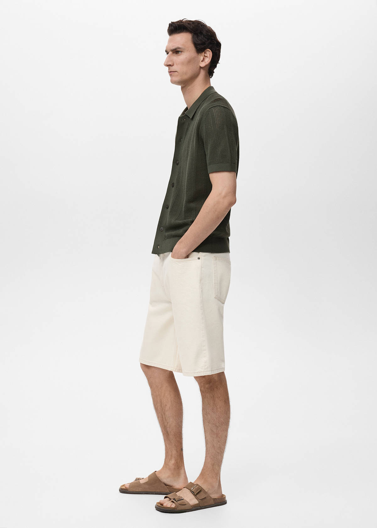Striped openwork knitted shirt — Khaki