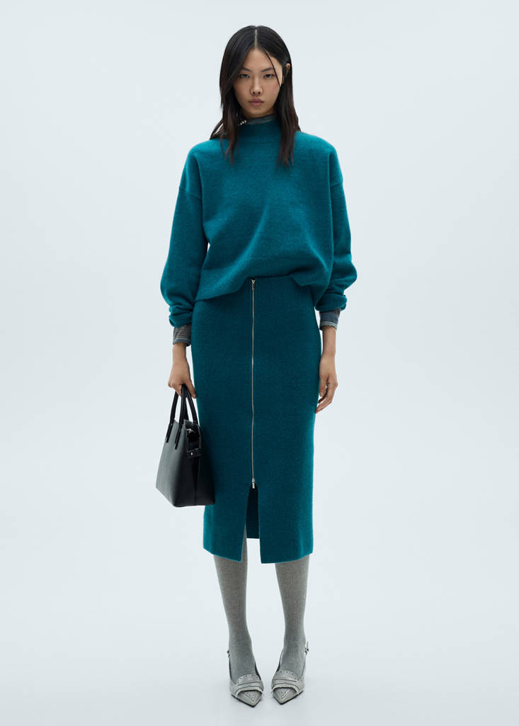 MANGO - Jupe midi maille fermeture Éclair vert - XS
